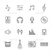 Music, audio and sound thin line icons Includes the following:musical notes, set...